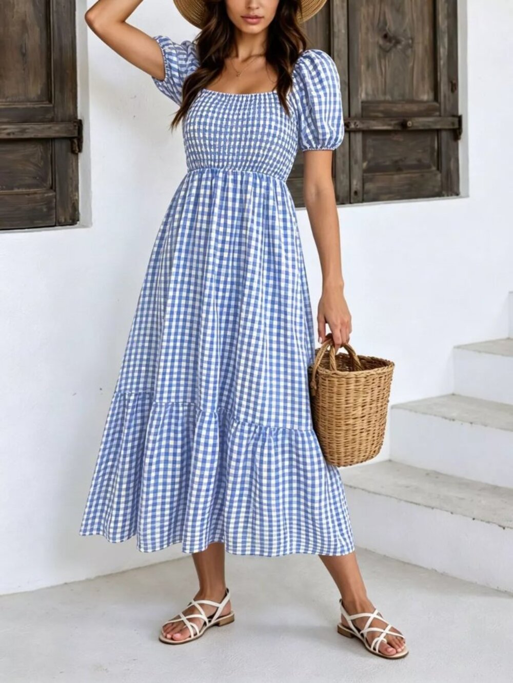 Gingham Smocked Puff Sleeve Midi Dress